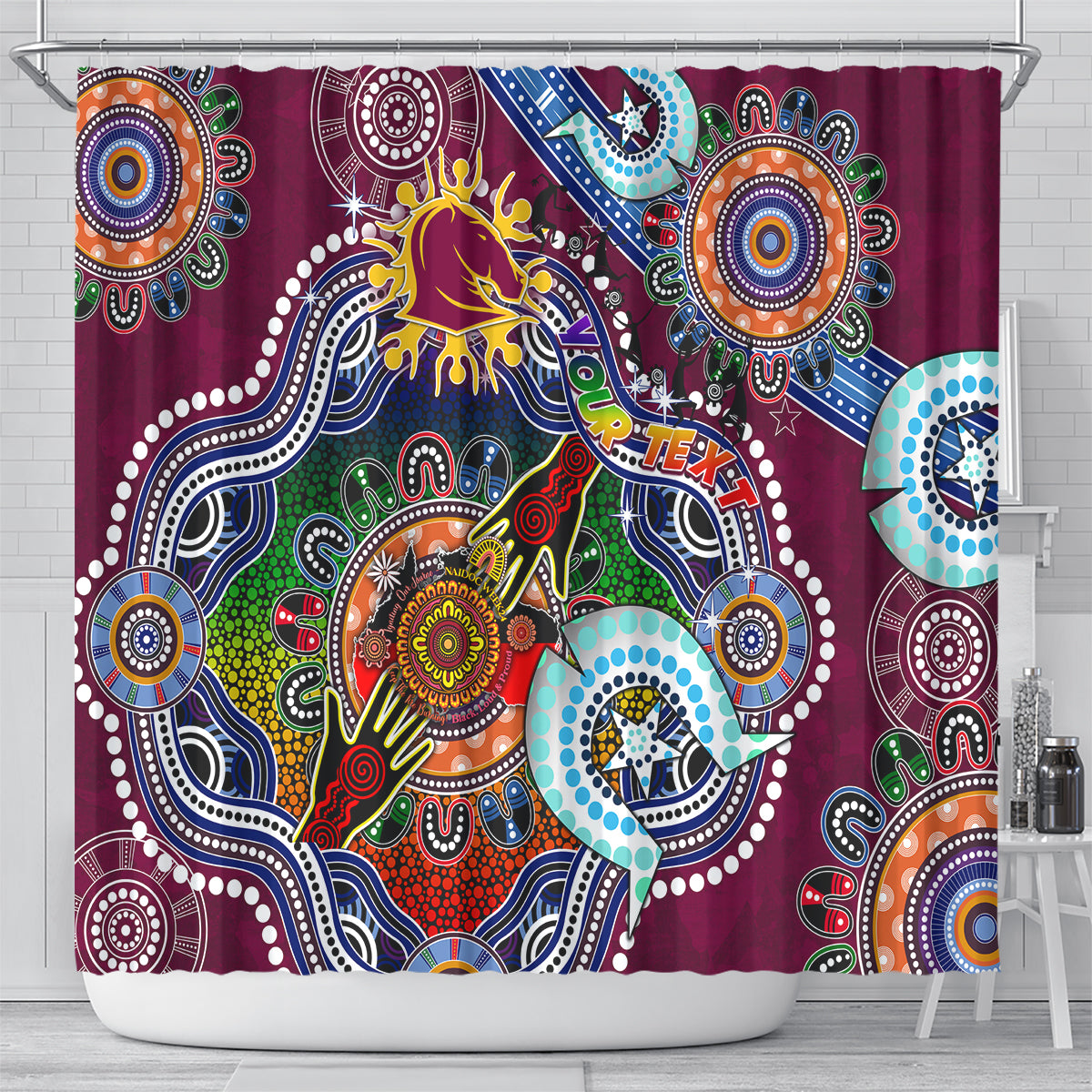 Personalised Broncos NAIDOC Week 2024 Shower Curtain Australia Aboriginal Dot Painting