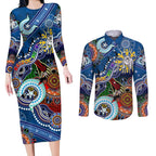 Personalised Bulldogs NAIDOC Week 2024 Couples Matching Long Sleeve Bodycon Dress and Long Sleeve Button Shirt Australia Aboriginal Dot Painting