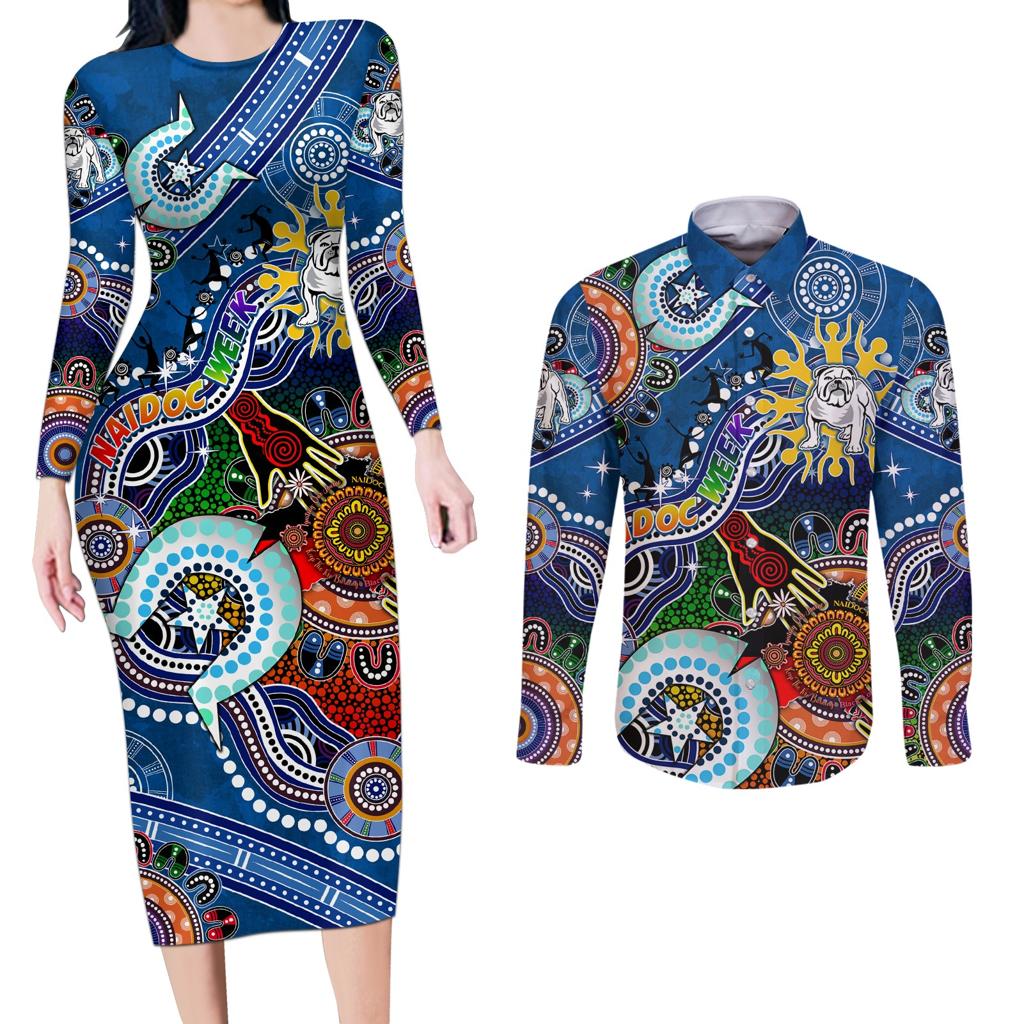 Personalised Bulldogs NAIDOC Week 2024 Couples Matching Long Sleeve Bodycon Dress and Long Sleeve Button Shirt Australia Aboriginal Dot Painting
