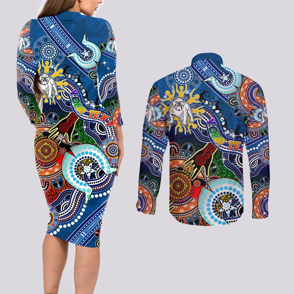 Personalised Bulldogs NAIDOC Week 2024 Couples Matching Long Sleeve Bodycon Dress and Long Sleeve Button Shirt Australia Aboriginal Dot Painting
