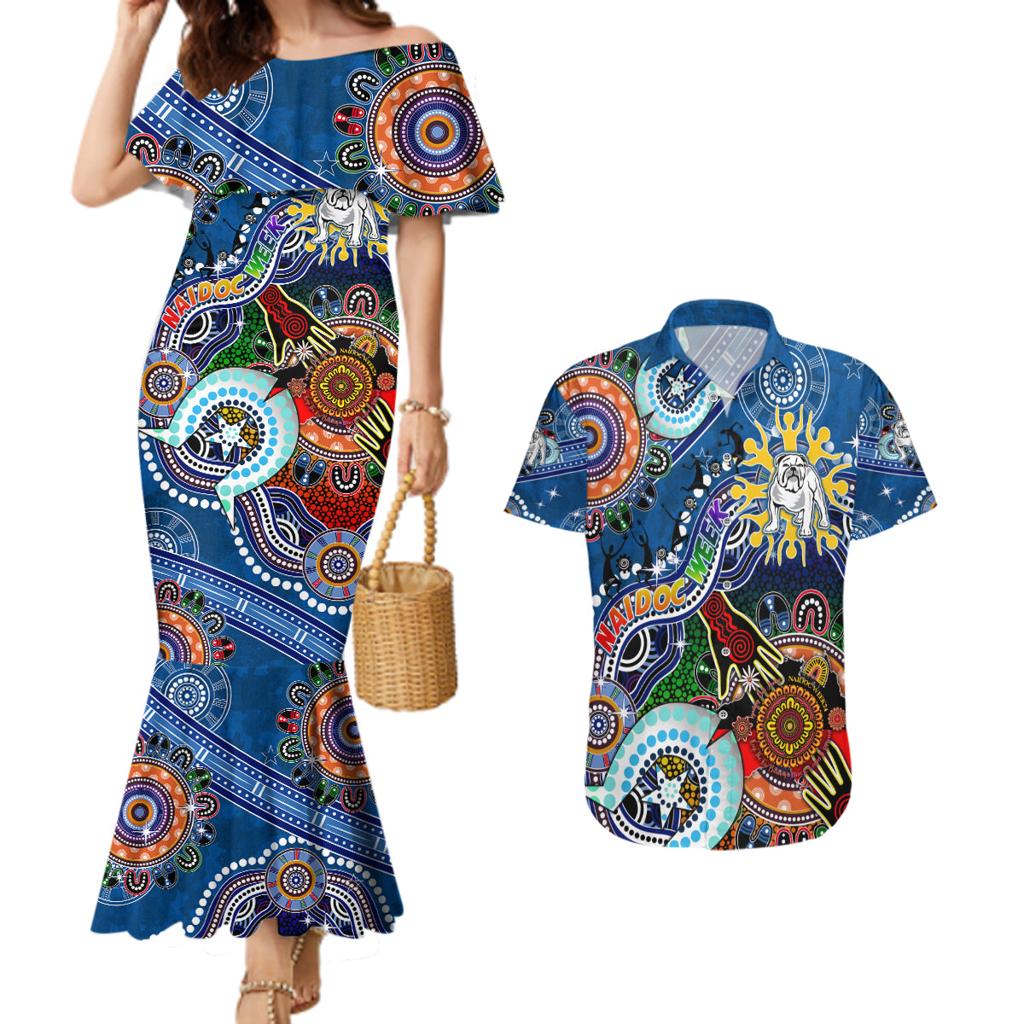 Personalised Bulldogs NAIDOC Week 2024 Couples Matching Mermaid Dress and Hawaiian Shirt Australia Aboriginal Dot Painting
