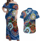 Personalised Bulldogs NAIDOC Week 2024 Couples Matching Off Shoulder Maxi Dress and Hawaiian Shirt Australia Aboriginal Dot Painting