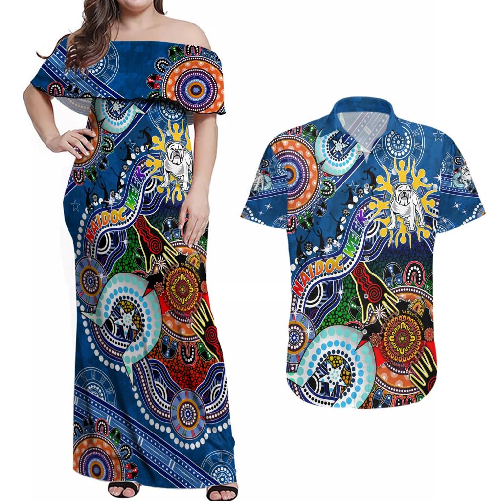 Personalised Bulldogs NAIDOC Week 2024 Couples Matching Off Shoulder Maxi Dress and Hawaiian Shirt Australia Aboriginal Dot Painting