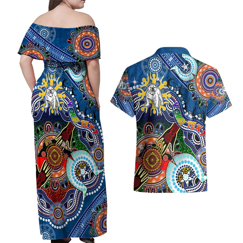 Personalised Bulldogs NAIDOC Week 2024 Couples Matching Off Shoulder Maxi Dress and Hawaiian Shirt Australia Aboriginal Dot Painting