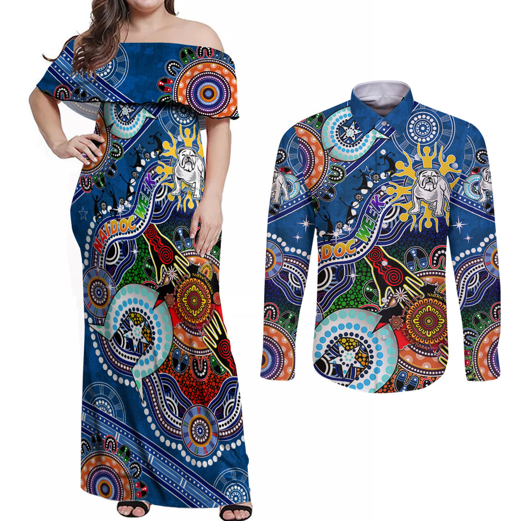 Personalised Bulldogs NAIDOC Week 2024 Couples Matching Off Shoulder Maxi Dress and Long Sleeve Button Shirt Australia Aboriginal Dot Painting