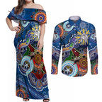 Personalised Bulldogs NAIDOC Week 2024 Couples Matching Off Shoulder Maxi Dress and Long Sleeve Button Shirt Australia Aboriginal Dot Painting