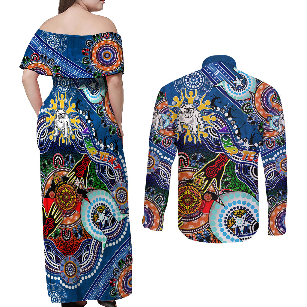 Personalised Bulldogs NAIDOC Week 2024 Couples Matching Off Shoulder Maxi Dress and Long Sleeve Button Shirt Australia Aboriginal Dot Painting