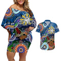 Personalised Bulldogs NAIDOC Week 2024 Couples Matching Off Shoulder Short Dress and Hawaiian Shirt Australia Aboriginal Dot Painting