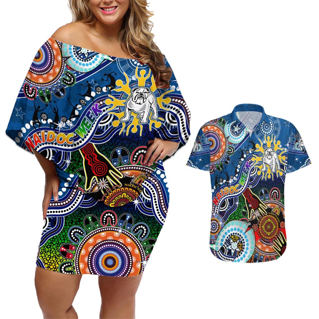 Personalised Bulldogs NAIDOC Week 2024 Couples Matching Off Shoulder Short Dress and Hawaiian Shirt Australia Aboriginal Dot Painting