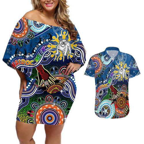 Personalised Bulldogs NAIDOC Week 2024 Couples Matching Off Shoulder Short Dress and Hawaiian Shirt Australia Aboriginal Dot Painting