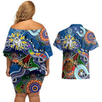 Personalised Bulldogs NAIDOC Week 2024 Couples Matching Off Shoulder Short Dress and Hawaiian Shirt Australia Aboriginal Dot Painting
