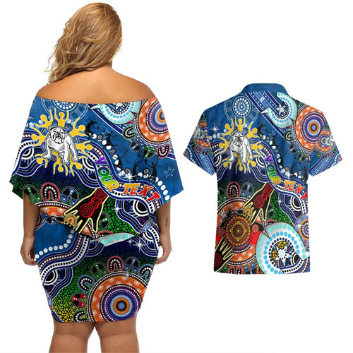 Personalised Bulldogs NAIDOC Week 2024 Couples Matching Off Shoulder Short Dress and Hawaiian Shirt Australia Aboriginal Dot Painting