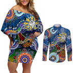 Personalised Bulldogs NAIDOC Week 2024 Couples Matching Off Shoulder Short Dress and Long Sleeve Button Shirt Australia Aboriginal Dot Painting