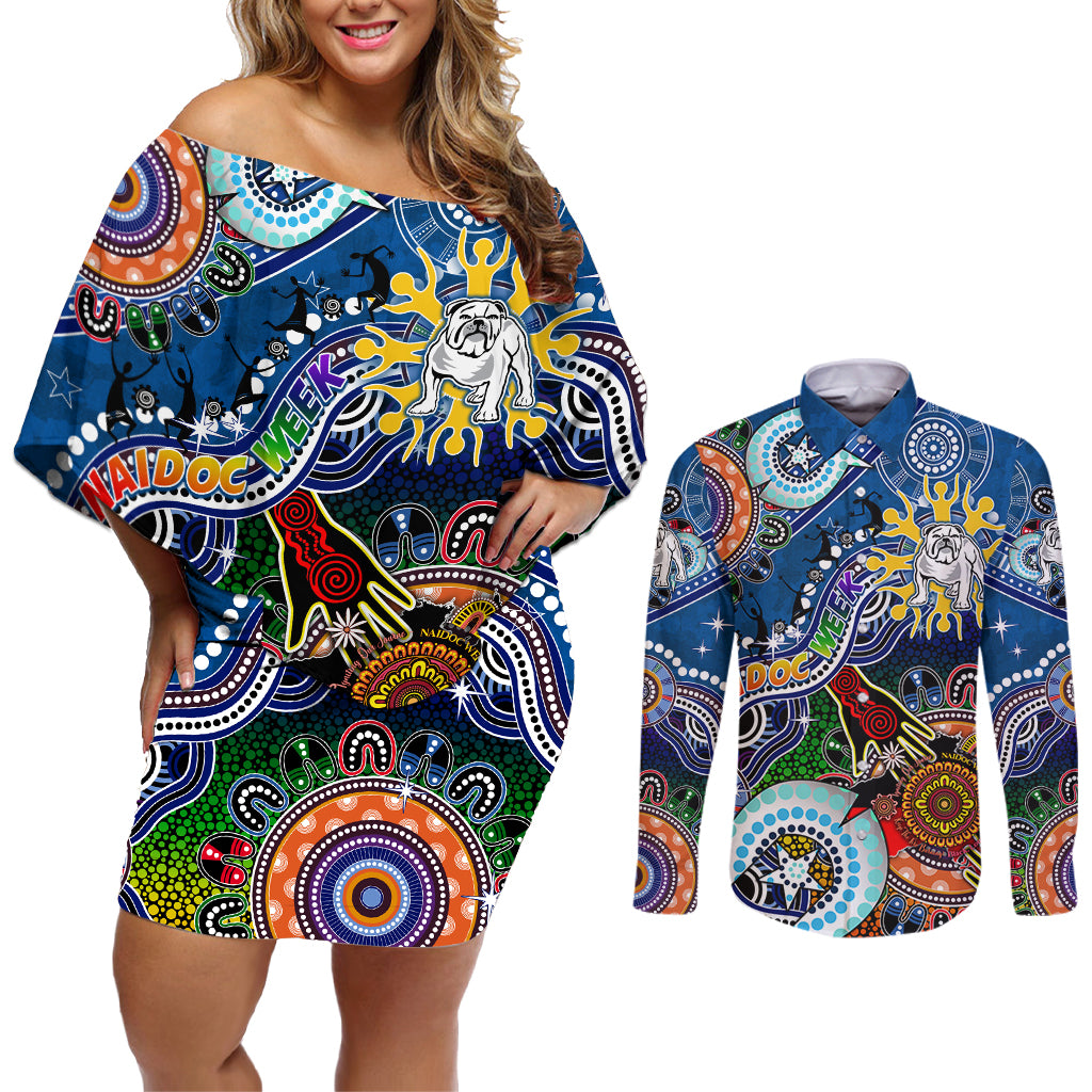 Personalised Bulldogs NAIDOC Week 2024 Couples Matching Off Shoulder Short Dress and Long Sleeve Button Shirt Australia Aboriginal Dot Painting