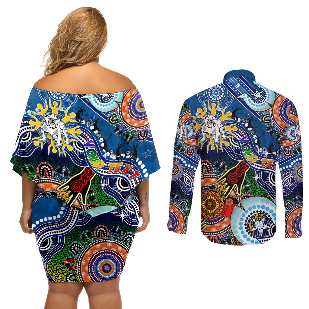 Personalised Bulldogs NAIDOC Week 2024 Couples Matching Off Shoulder Short Dress and Long Sleeve Button Shirt Australia Aboriginal Dot Painting