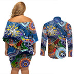Personalised Bulldogs NAIDOC Week 2024 Couples Matching Off Shoulder Short Dress and Long Sleeve Button Shirt Australia Aboriginal Dot Painting