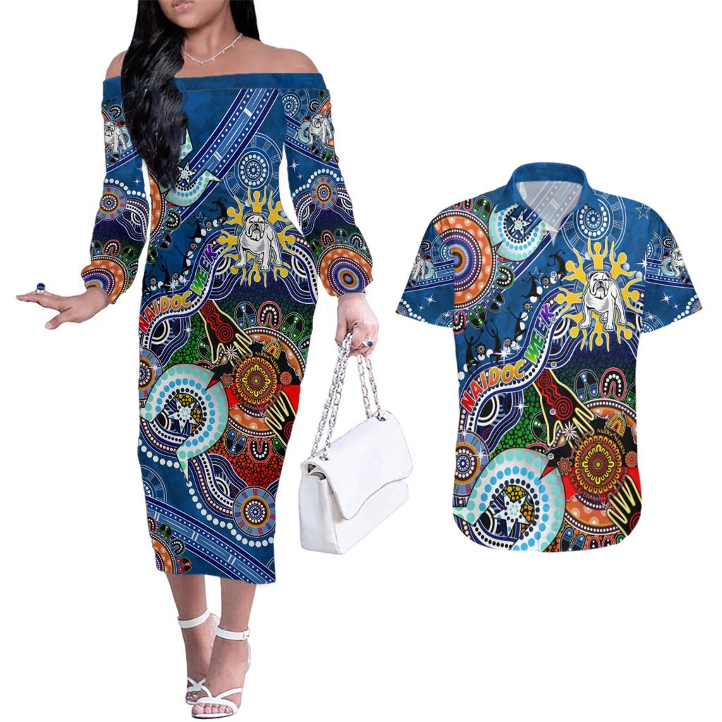 Personalised Bulldogs NAIDOC Week 2024 Couples Matching Off The Shoulder Long Sleeve Dress and Hawaiian Shirt Australia Aboriginal Dot Painting