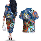Personalised Bulldogs NAIDOC Week 2024 Couples Matching Off The Shoulder Long Sleeve Dress and Hawaiian Shirt Australia Aboriginal Dot Painting