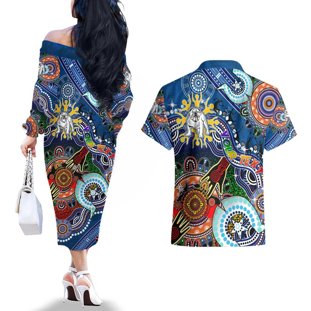 Personalised Bulldogs NAIDOC Week 2024 Couples Matching Off The Shoulder Long Sleeve Dress and Hawaiian Shirt Australia Aboriginal Dot Painting