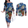 Personalised Bulldogs NAIDOC Week 2024 Couples Matching Off The Shoulder Long Sleeve Dress and Long Sleeve Button Shirt Australia Aboriginal Dot Painting