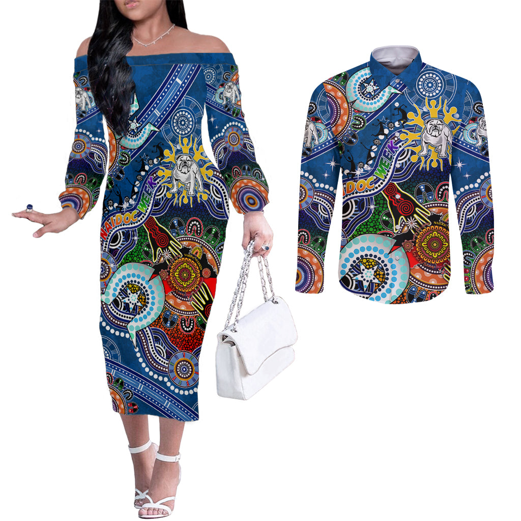 Personalised Bulldogs NAIDOC Week 2024 Couples Matching Off The Shoulder Long Sleeve Dress and Long Sleeve Button Shirt Australia Aboriginal Dot Painting