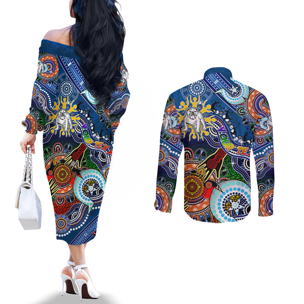 Personalised Bulldogs NAIDOC Week 2024 Couples Matching Off The Shoulder Long Sleeve Dress and Long Sleeve Button Shirt Australia Aboriginal Dot Painting