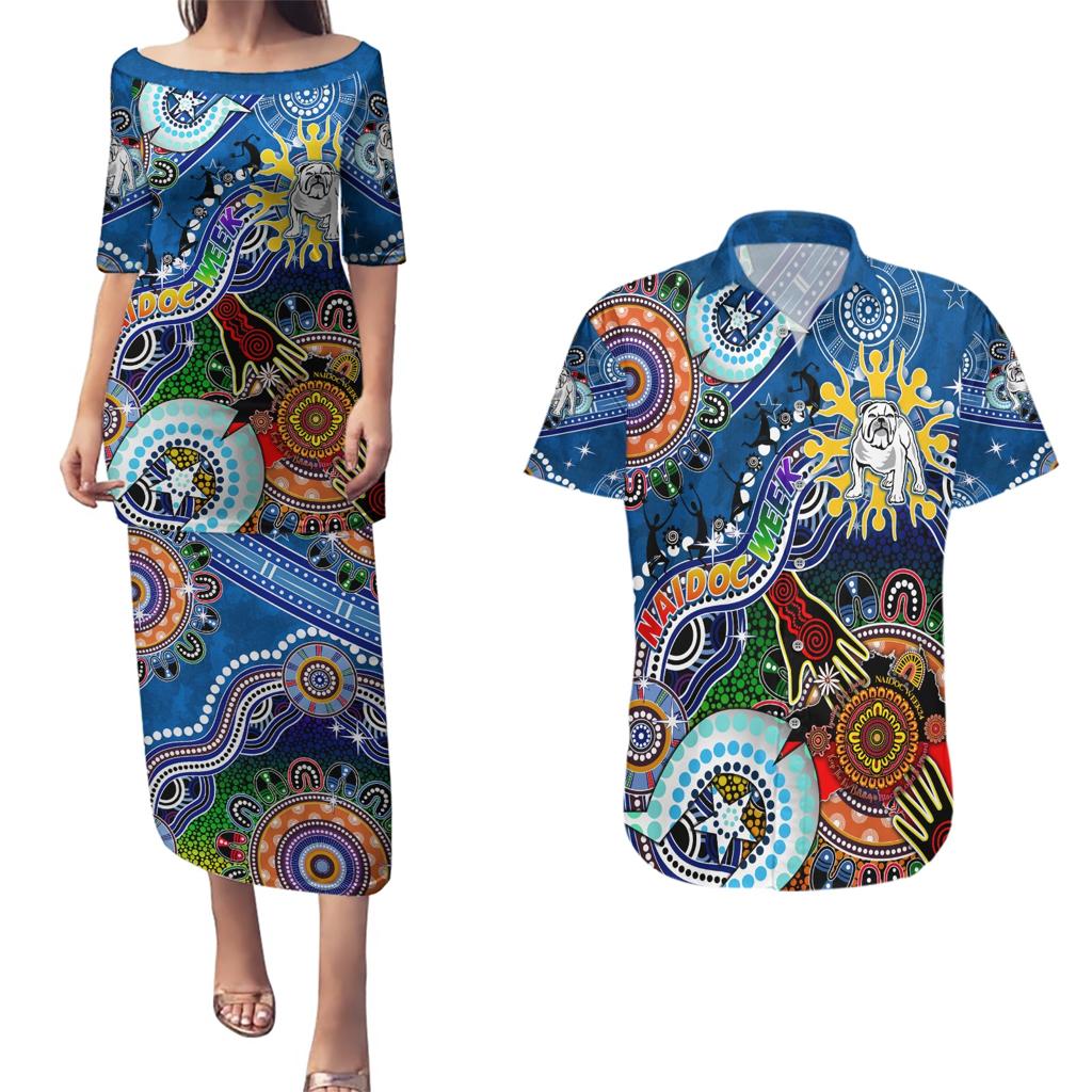 Personalised Bulldogs NAIDOC Week 2024 Couples Matching Puletasi and Hawaiian Shirt Australia Aboriginal Dot Painting