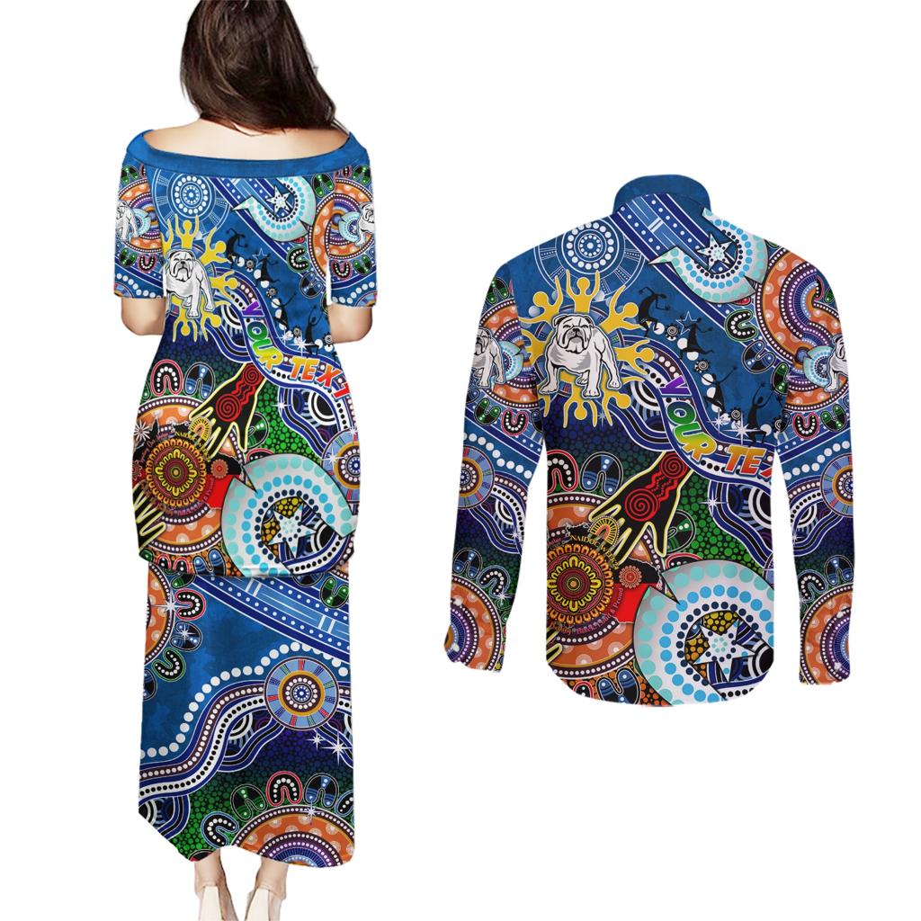 Personalised Bulldogs NAIDOC Week 2024 Couples Matching Puletasi and Long Sleeve Button Shirt Australia Aboriginal Dot Painting