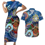 Personalised Bulldogs NAIDOC Week 2024 Couples Matching Short Sleeve Bodycon Dress and Hawaiian Shirt Australia Aboriginal Dot Painting