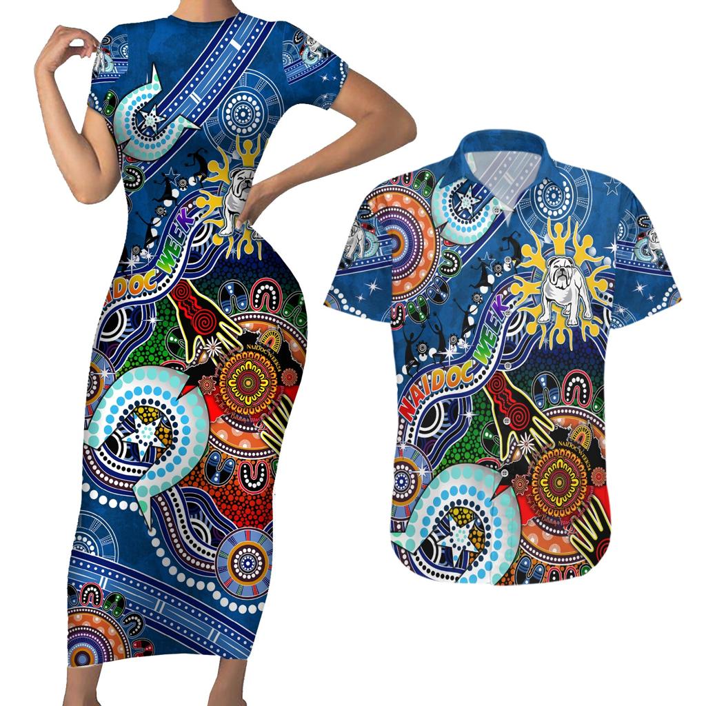 Personalised Bulldogs NAIDOC Week 2024 Couples Matching Short Sleeve Bodycon Dress and Hawaiian Shirt Australia Aboriginal Dot Painting