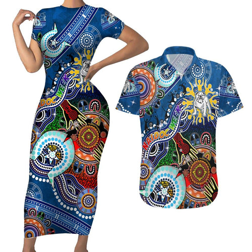 Personalised Bulldogs NAIDOC Week 2024 Couples Matching Short Sleeve Bodycon Dress and Hawaiian Shirt Australia Aboriginal Dot Painting