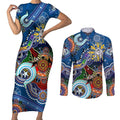 Personalised Bulldogs NAIDOC Week 2024 Couples Matching Short Sleeve Bodycon Dress and Long Sleeve Button Shirt Australia Aboriginal Dot Painting