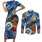 Personalised Bulldogs NAIDOC Week 2024 Couples Matching Short Sleeve Bodycon Dress and Long Sleeve Button Shirt Australia Aboriginal Dot Painting