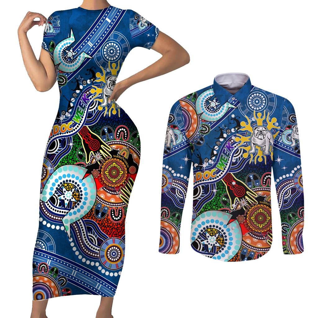 Personalised Bulldogs NAIDOC Week 2024 Couples Matching Short Sleeve Bodycon Dress and Long Sleeve Button Shirt Australia Aboriginal Dot Painting