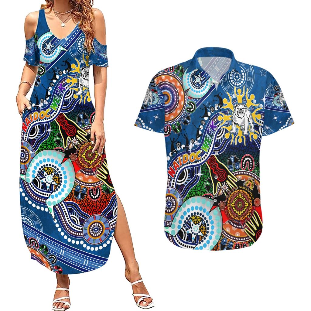 Personalised Bulldogs NAIDOC Week 2024 Couples Matching Summer Maxi Dress and Hawaiian Shirt Australia Aboriginal Dot Painting