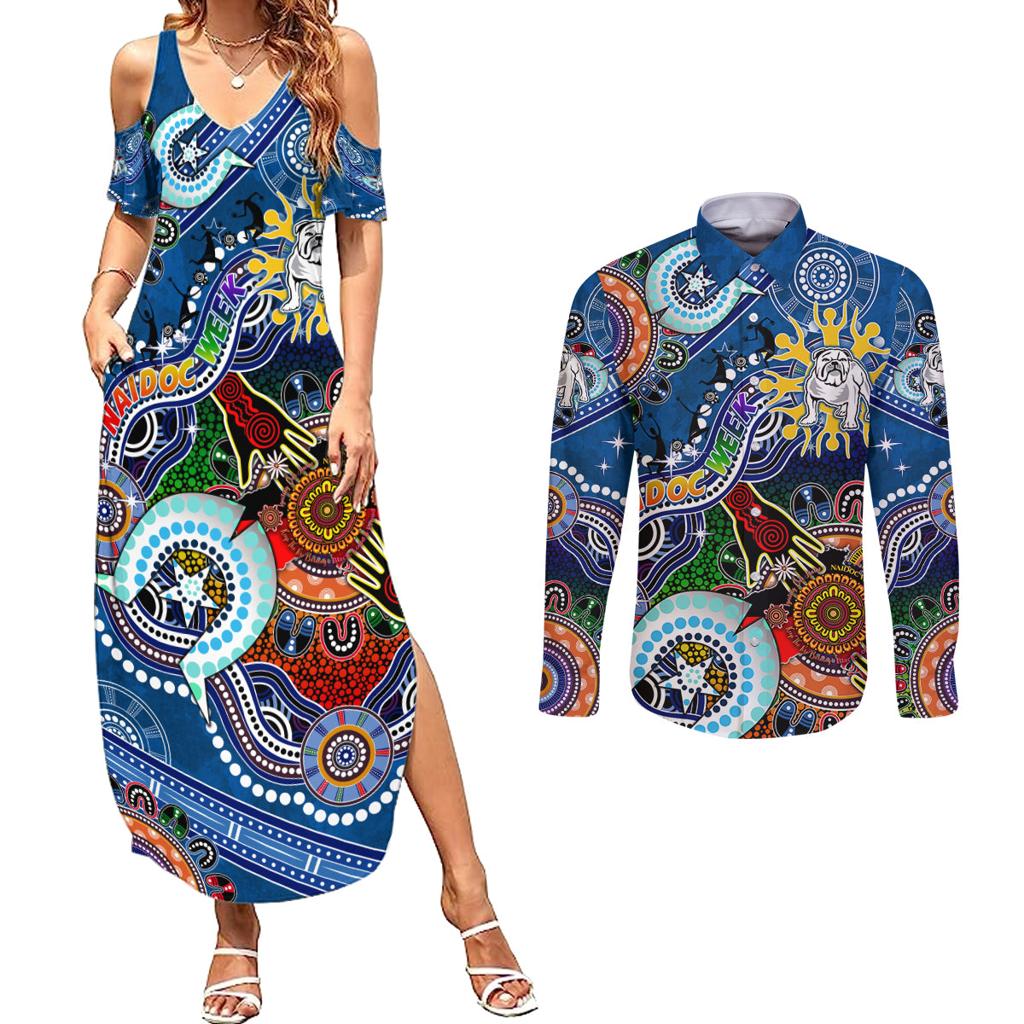 Personalised Bulldogs NAIDOC Week 2024 Couples Matching Summer Maxi Dress and Long Sleeve Button Shirt Australia Aboriginal Dot Painting