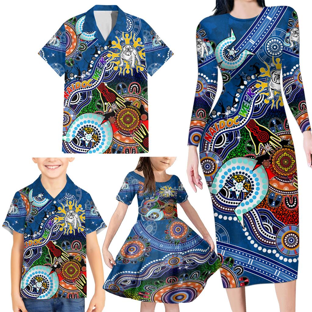 Personalised Bulldogs NAIDOC Week 2024 Family Matching Long Sleeve Bodycon Dress and Hawaiian Shirt Australia Aboriginal Dot Painting