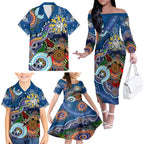 Personalised Bulldogs NAIDOC Week 2024 Family Matching Off The Shoulder Long Sleeve Dress and Hawaiian Shirt Australia Aboriginal Dot Painting