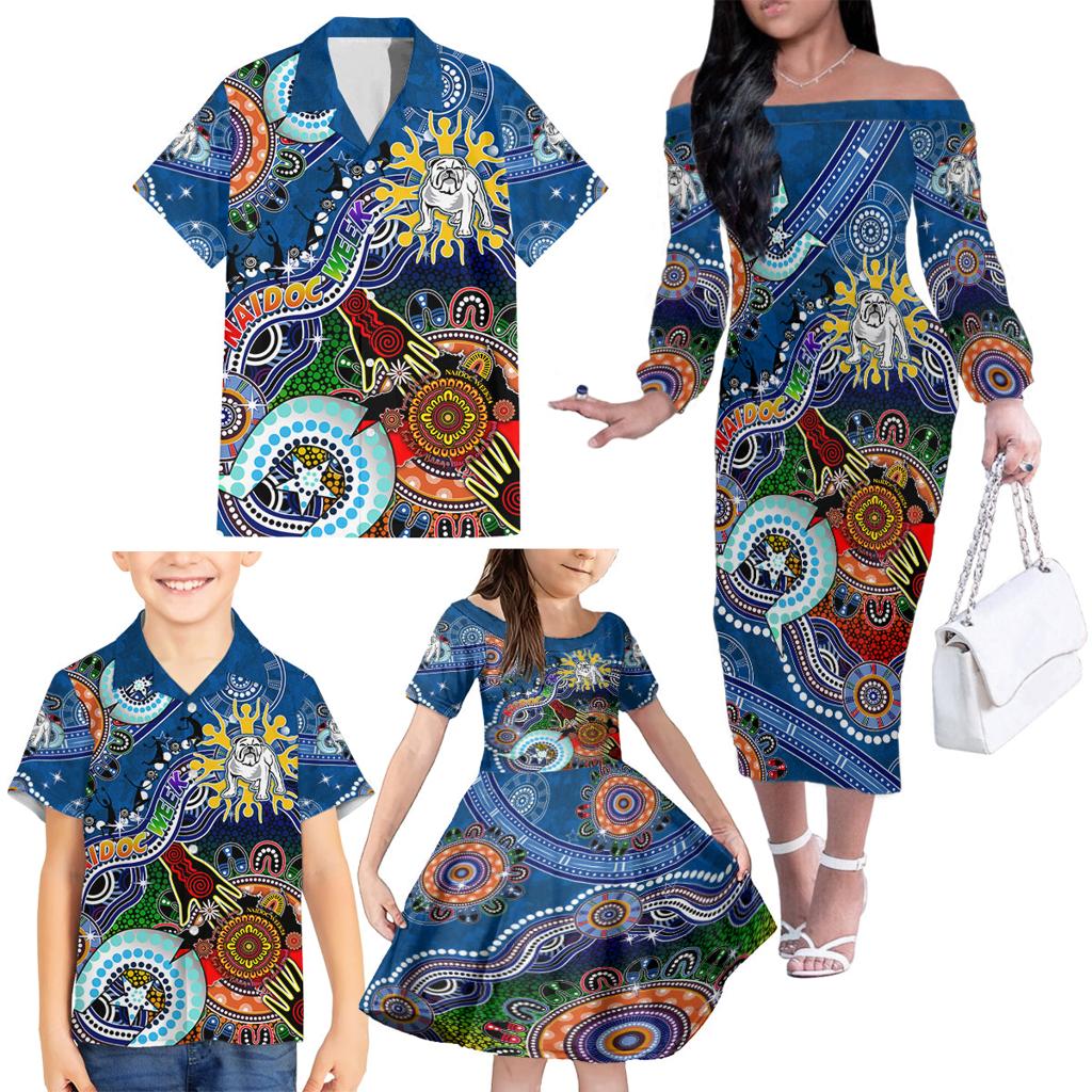 Personalised Bulldogs NAIDOC Week 2024 Family Matching Off The Shoulder Long Sleeve Dress and Hawaiian Shirt Australia Aboriginal Dot Painting