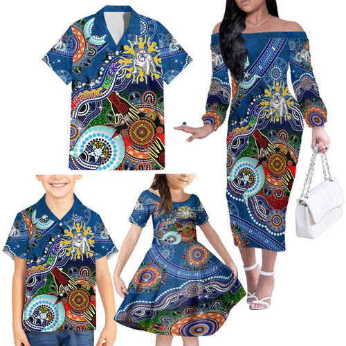 Personalised Bulldogs NAIDOC Week 2024 Family Matching Off The Shoulder Long Sleeve Dress and Hawaiian Shirt Australia Aboriginal Dot Painting