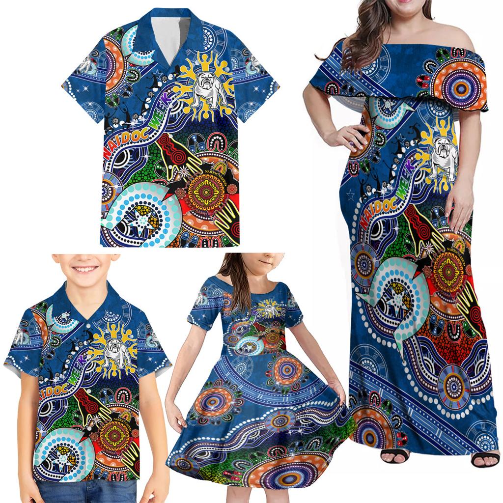 Personalised Bulldogs NAIDOC Week 2024 Family Matching Off Shoulder Maxi Dress and Hawaiian Shirt Australia Aboriginal Dot Painting