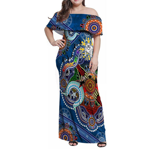 Personalised Bulldogs NAIDOC Week 2024 Family Matching Off Shoulder Maxi Dress and Hawaiian Shirt Australia Aboriginal Dot Painting