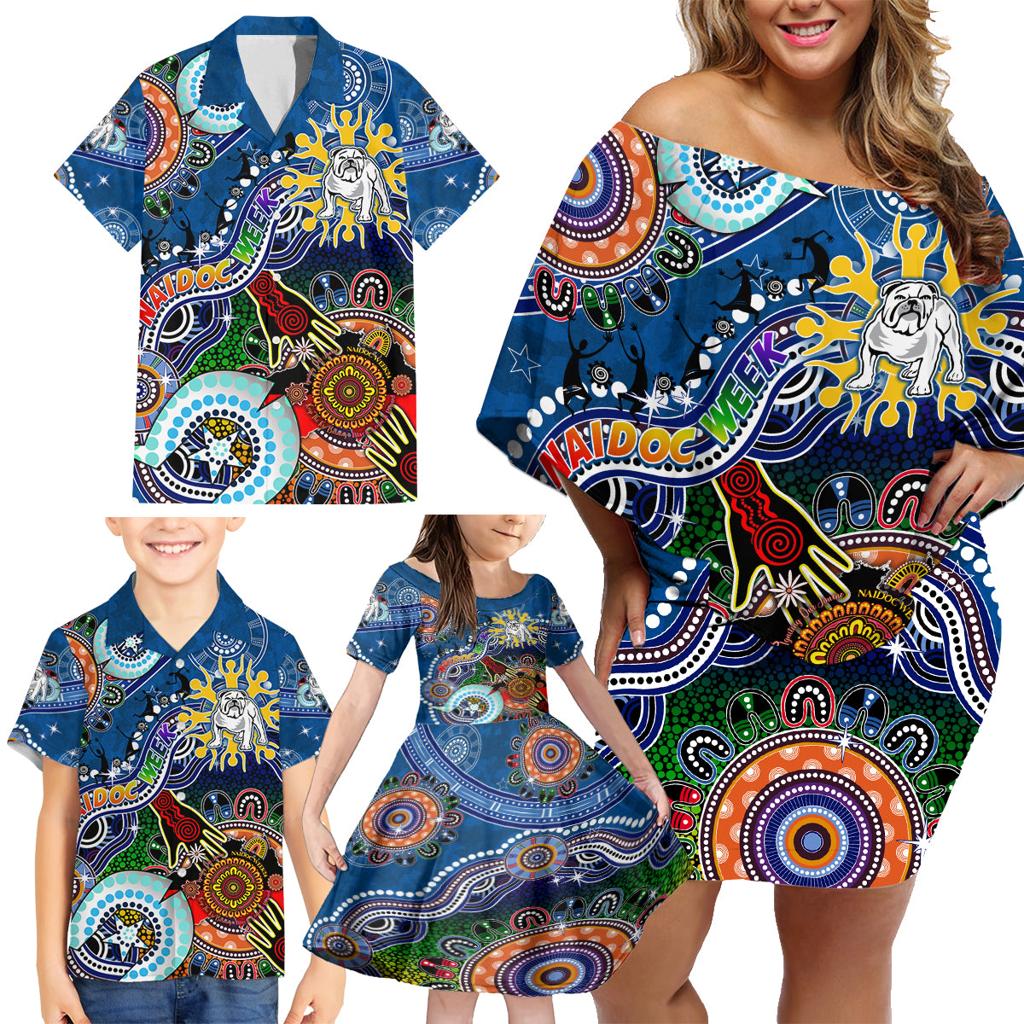 Personalised Bulldogs NAIDOC Week 2024 Family Matching Off Shoulder Short Dress and Hawaiian Shirt Australia Aboriginal Dot Painting