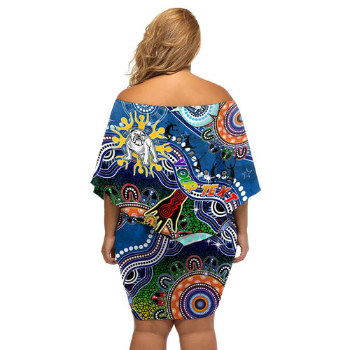 Personalised Bulldogs NAIDOC Week 2024 Family Matching Off Shoulder Short Dress and Hawaiian Shirt Australia Aboriginal Dot Painting