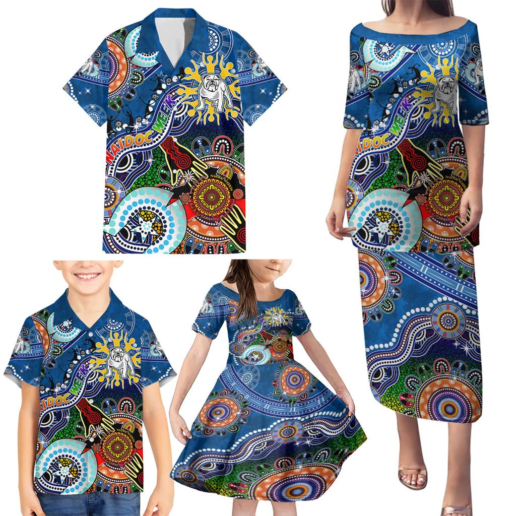 Personalised Bulldogs NAIDOC Week 2024 Family Matching Puletasi and Hawaiian Shirt Australia Aboriginal Dot Painting