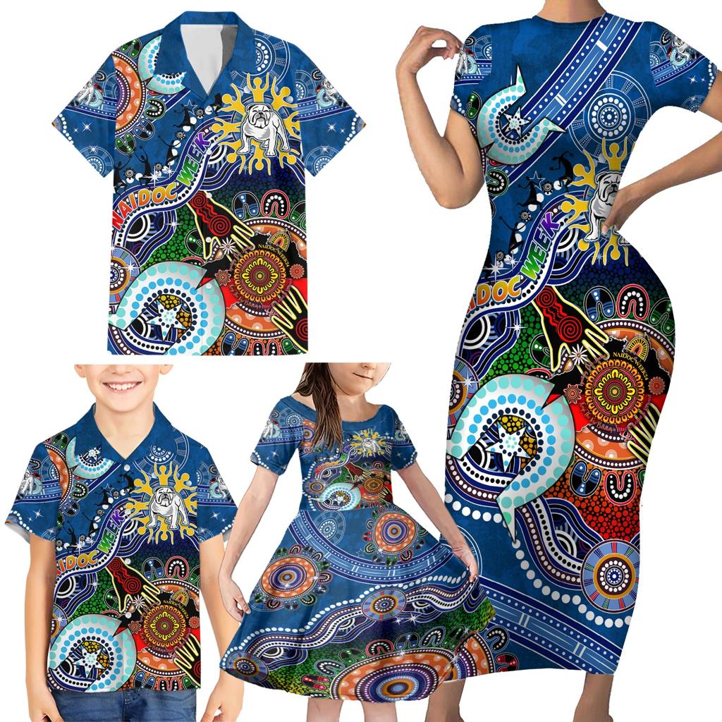 Personalised Bulldogs NAIDOC Week 2024 Family Matching Short Sleeve Bodycon Dress and Hawaiian Shirt Australia Aboriginal Dot Painting
