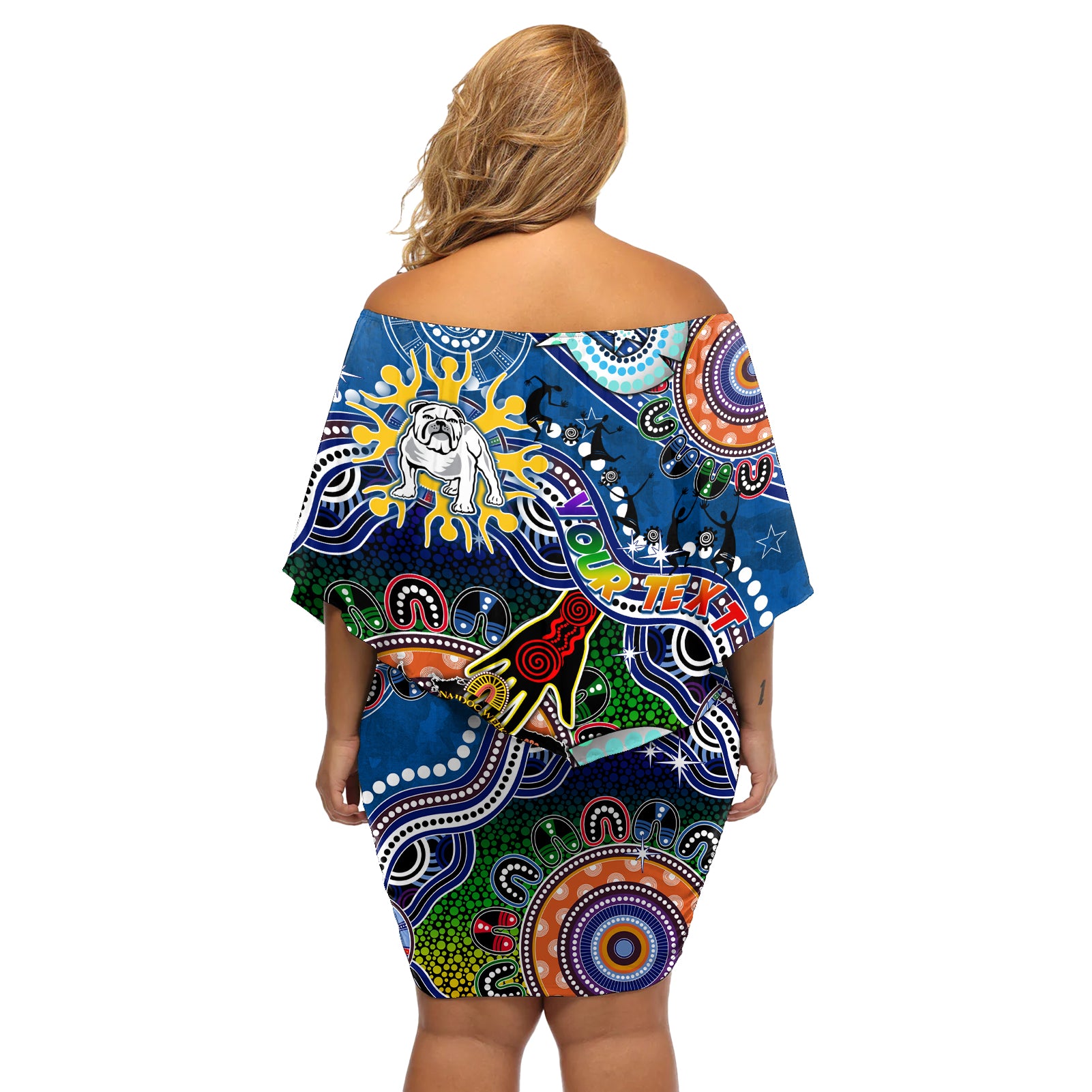 Personalised Bulldogs NAIDOC Week 2024 Off Shoulder Short Dress Australia Aboriginal Dot Painting