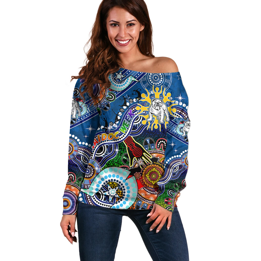 Personalised Bulldogs NAIDOC Week 2024 Off Shoulder Sweater Australia Aboriginal Dot Painting