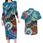 Personalised Sharks NAIDOC Week 2024 Couples Matching Long Sleeve Bodycon Dress and Hawaiian Shirt Australia Aboriginal Dot Painting