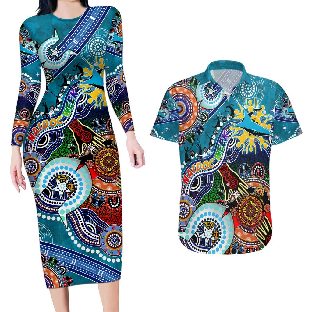 Personalised Sharks NAIDOC Week 2024 Couples Matching Long Sleeve Bodycon Dress and Hawaiian Shirt Australia Aboriginal Dot Painting